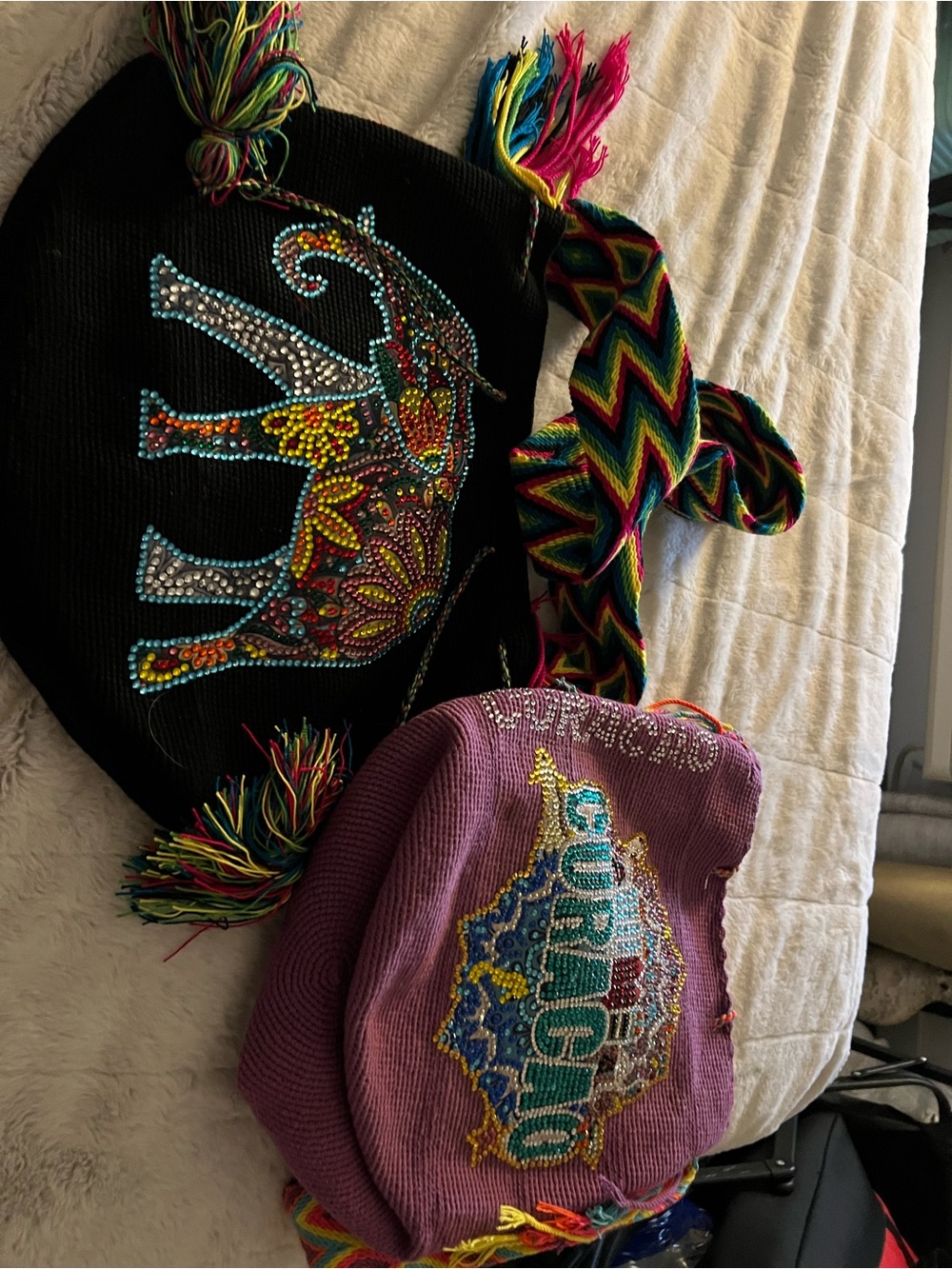Beaded Elephant Knit Earflap Hat - Black & Purple tote bags